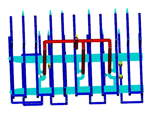 Mould-flow model: feed system and cooling circuits 2