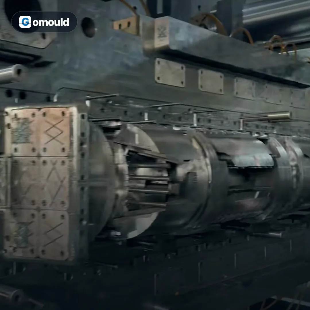Mould opening: An air-conditioner panel mould opening on a production trial, with slides and cores released in sequence.