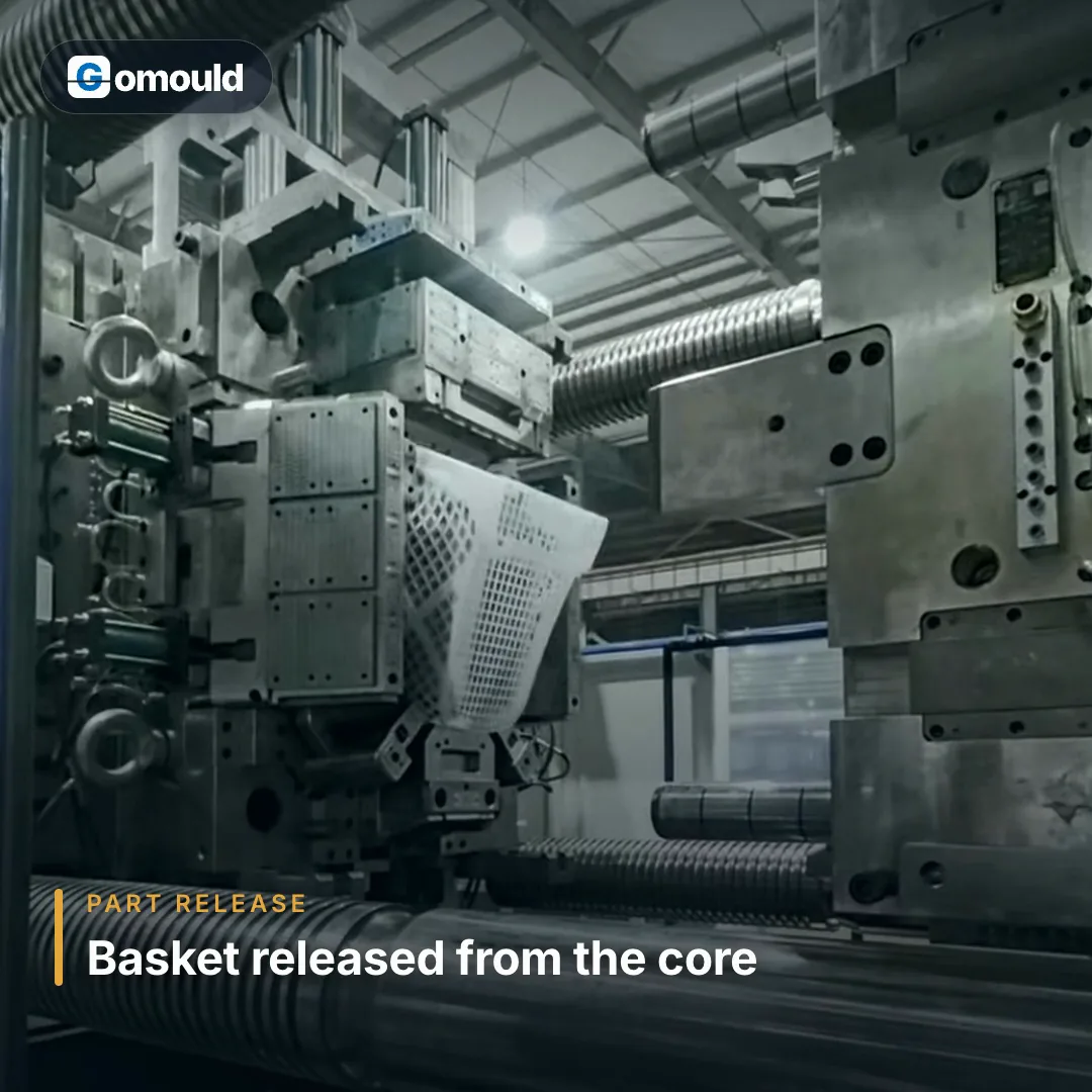 Shopping basket mould: A shopping basket mould on a production trial, with the basket released from the core.
